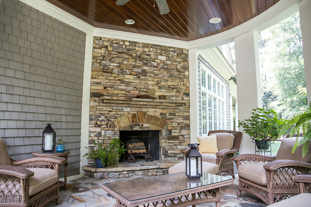 four season room featuring a cobblestone accent wall behind a fireplace