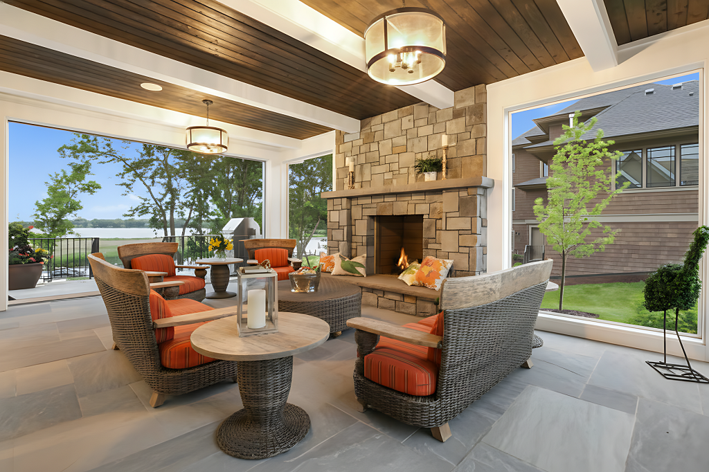 four season room featuring comfortable seats and a fireplace