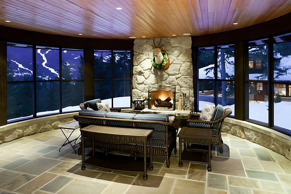 four season room with a snowy night view