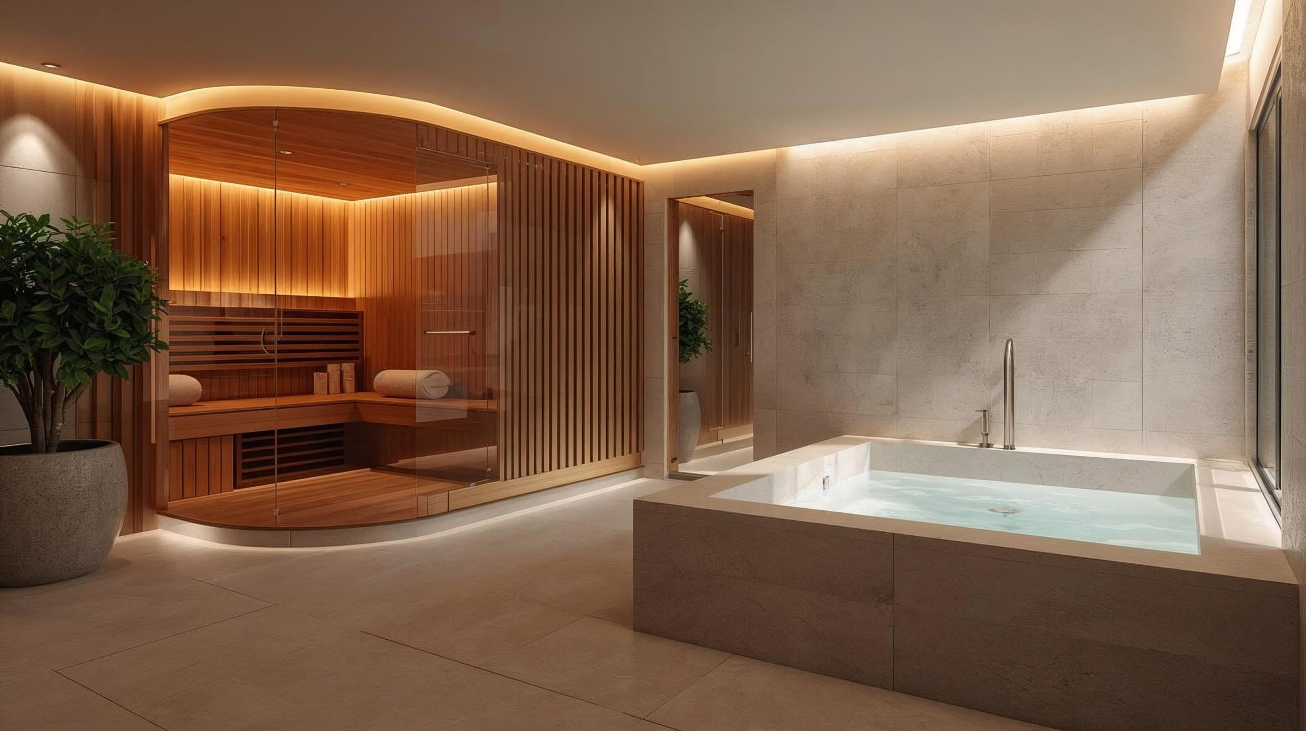 high-end wellness addition featuring a sauna and a cold plunge