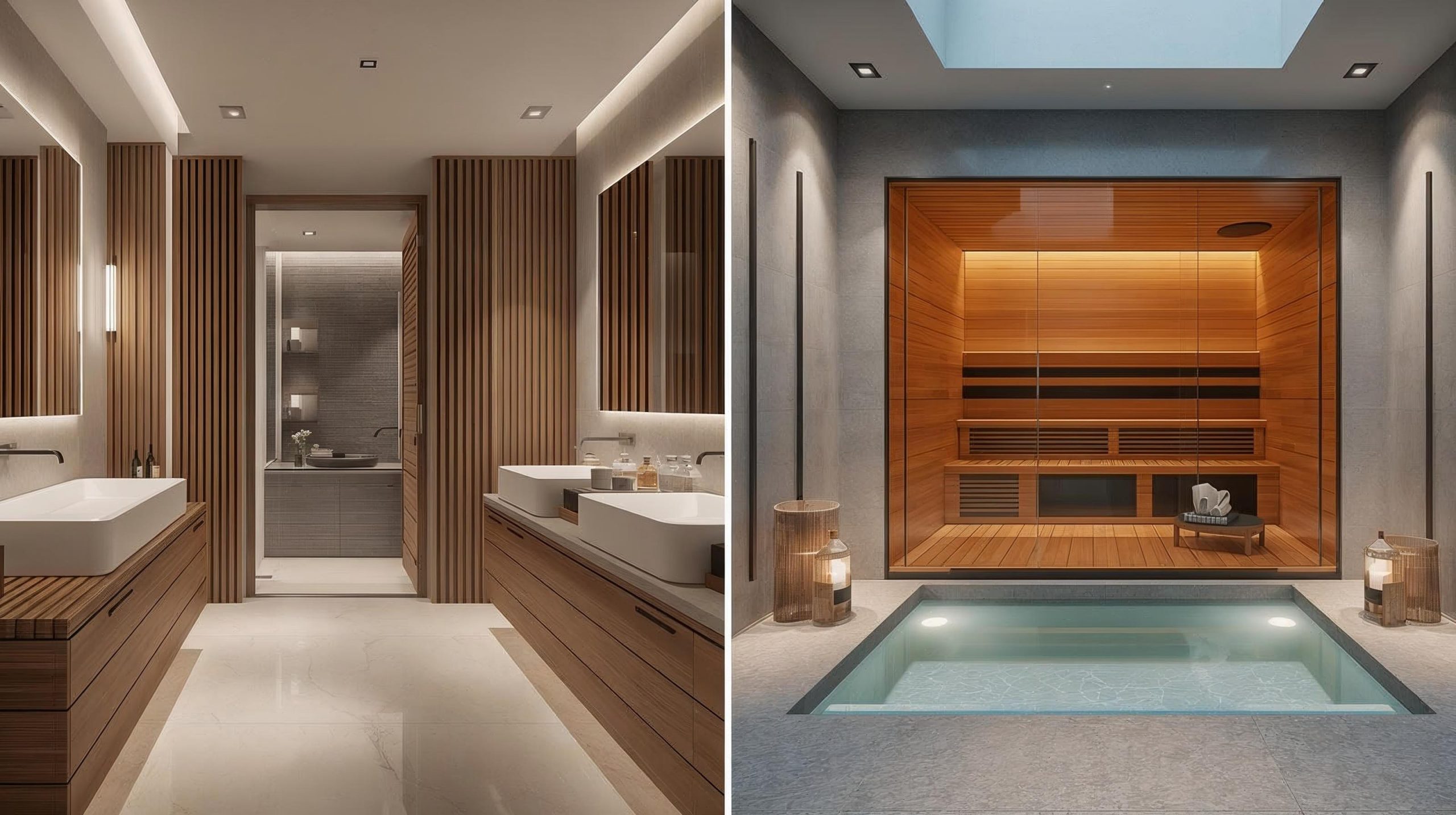 side-by-side images of a high-end bathroom and a wellness room addition